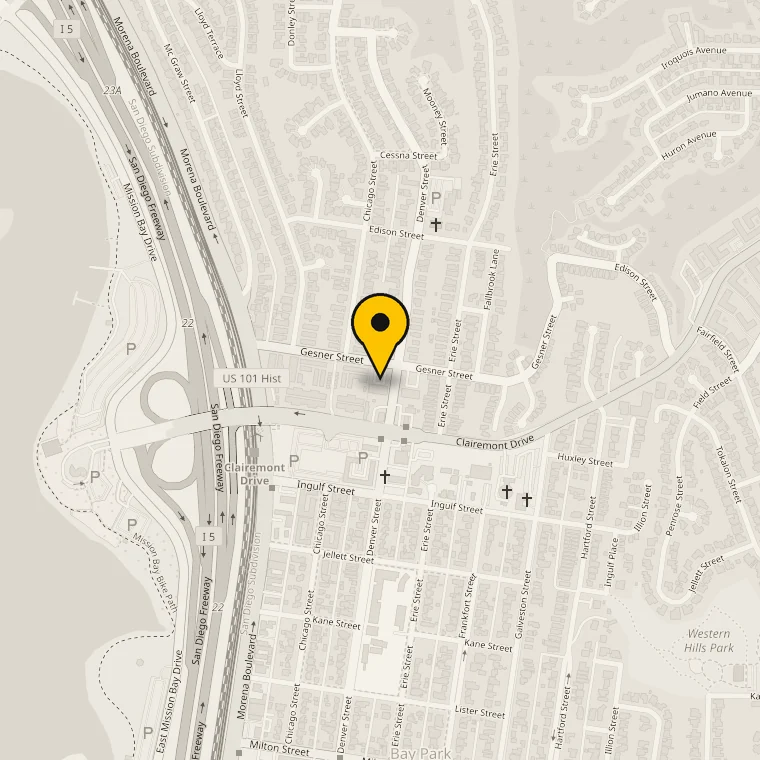 Map showing 4295 Gesner St, just east of the 5 at Clairemont Dr